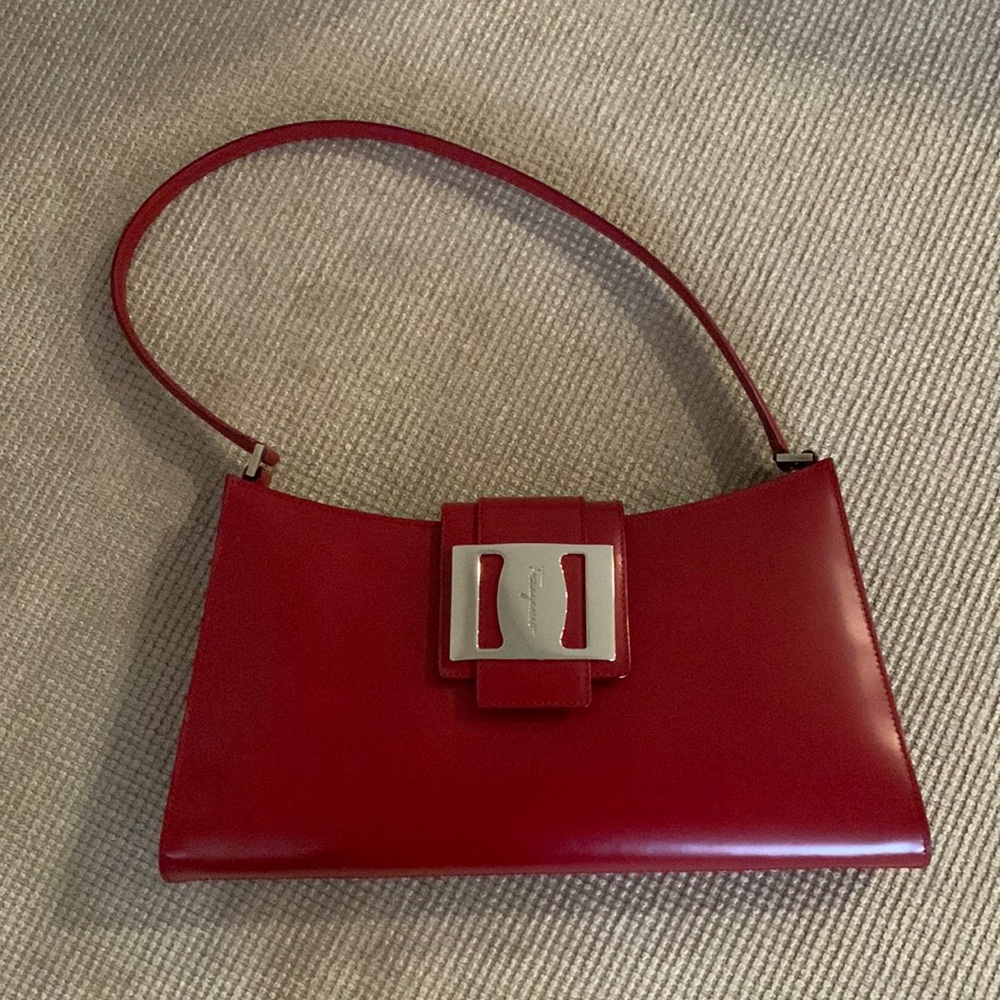 SALVATORE FERRAGAMO Evening Bag in delicious red leather. Silver hardware.